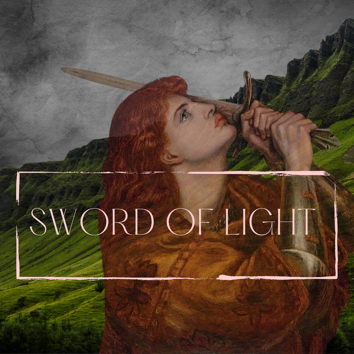 Joan of arc with a sword and red hair with Irish landscape in the background