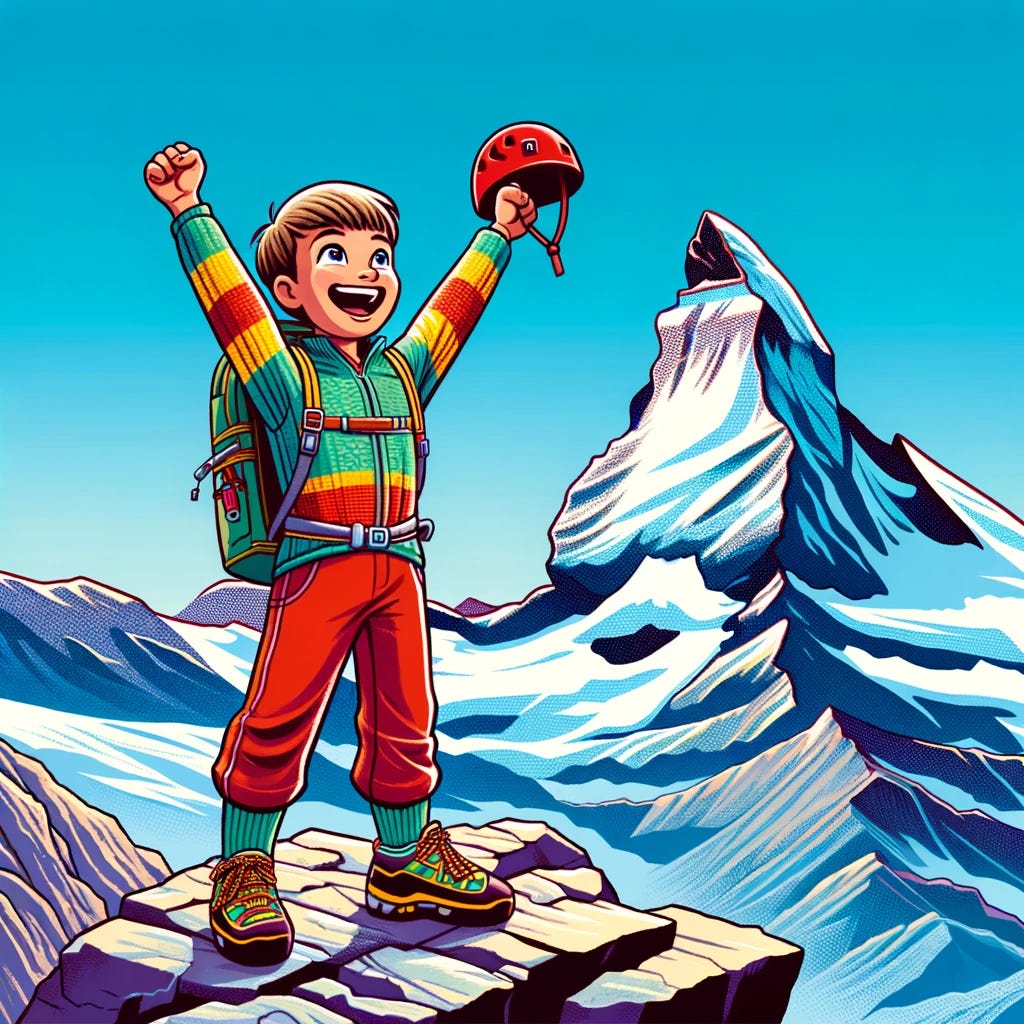 A cartoon of a euphoric young boy standing on the summit of the Matterhorn mountain. The boy is wearing a colorful climbing outfit with a helmet, arms raised in triumph. The scene captures the boy's joyful expression as he looks out over the vast mountainous landscape below, under a clear blue sky. The iconic, sharp, pyramid-shaped peak of the Matterhorn is clearly visible in the background, emphasizing the achievement. The style is vibrant and celebratory, reflecting the boy's sense of accomplishment and the majesty of the mountain.