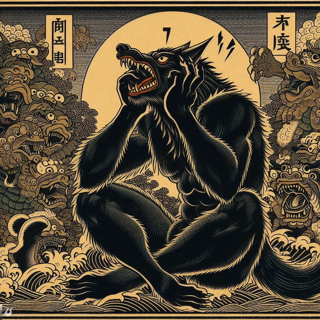 black warewolf panicked and bored byzantine Japanese woodblock scene