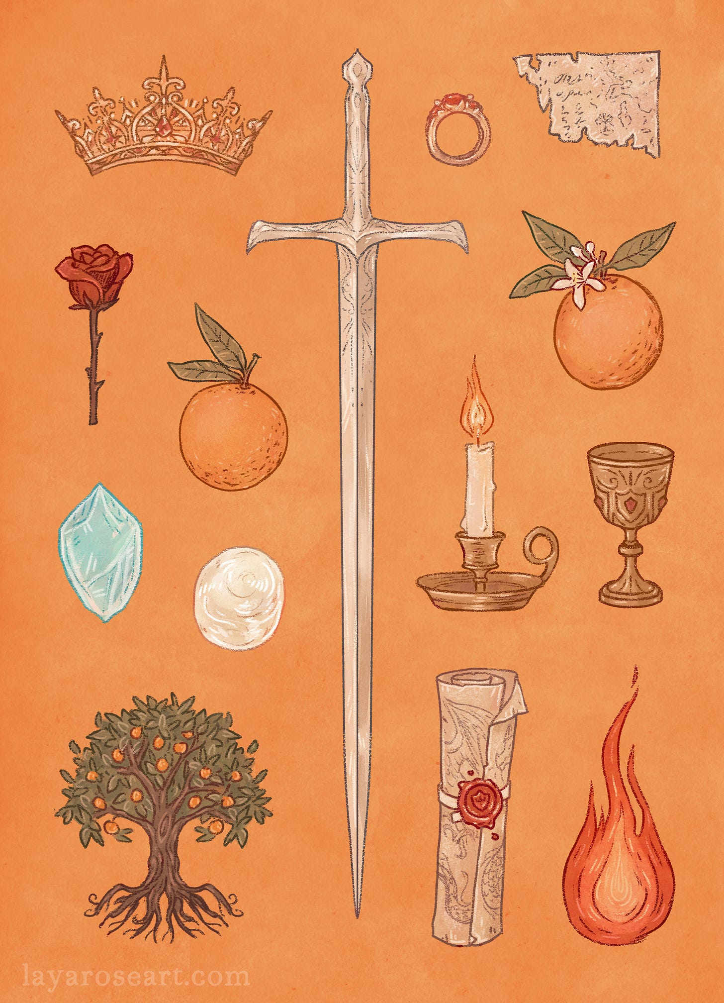 illustration of a bunch of fantasy objects on an orange background, in a flattish textured style. They are, a gold crown, a rose, two oranges, a small ring, a corner scrap of old paper, a long silvery sword, a candle in a candle holder, a grail, a aqua blue scale, a round whitish rock, a scroll with a red seal, an orange flame, and a small orange tree.