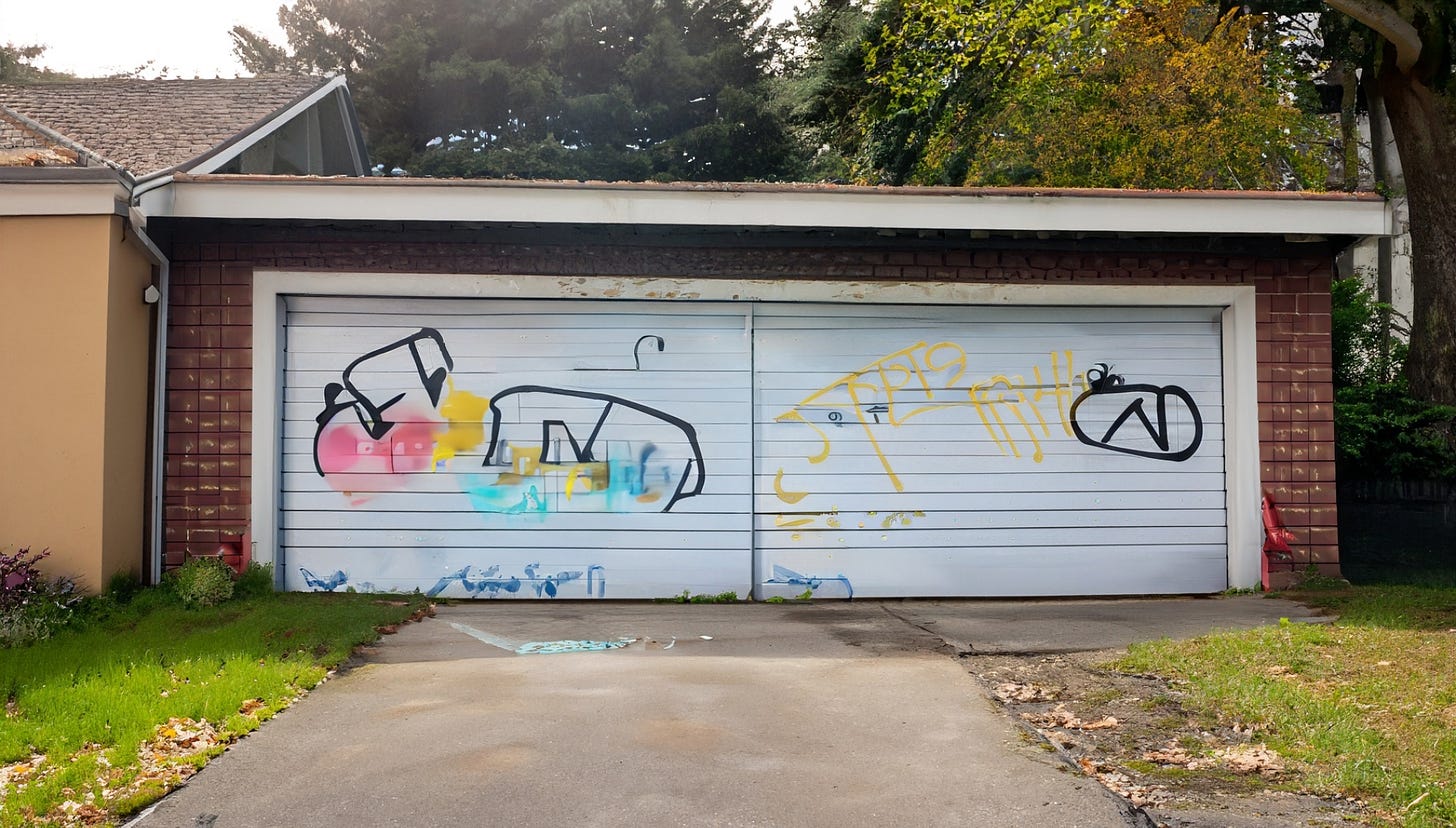 A garage in a suburban American neighborhood. It's covered in graffiti.