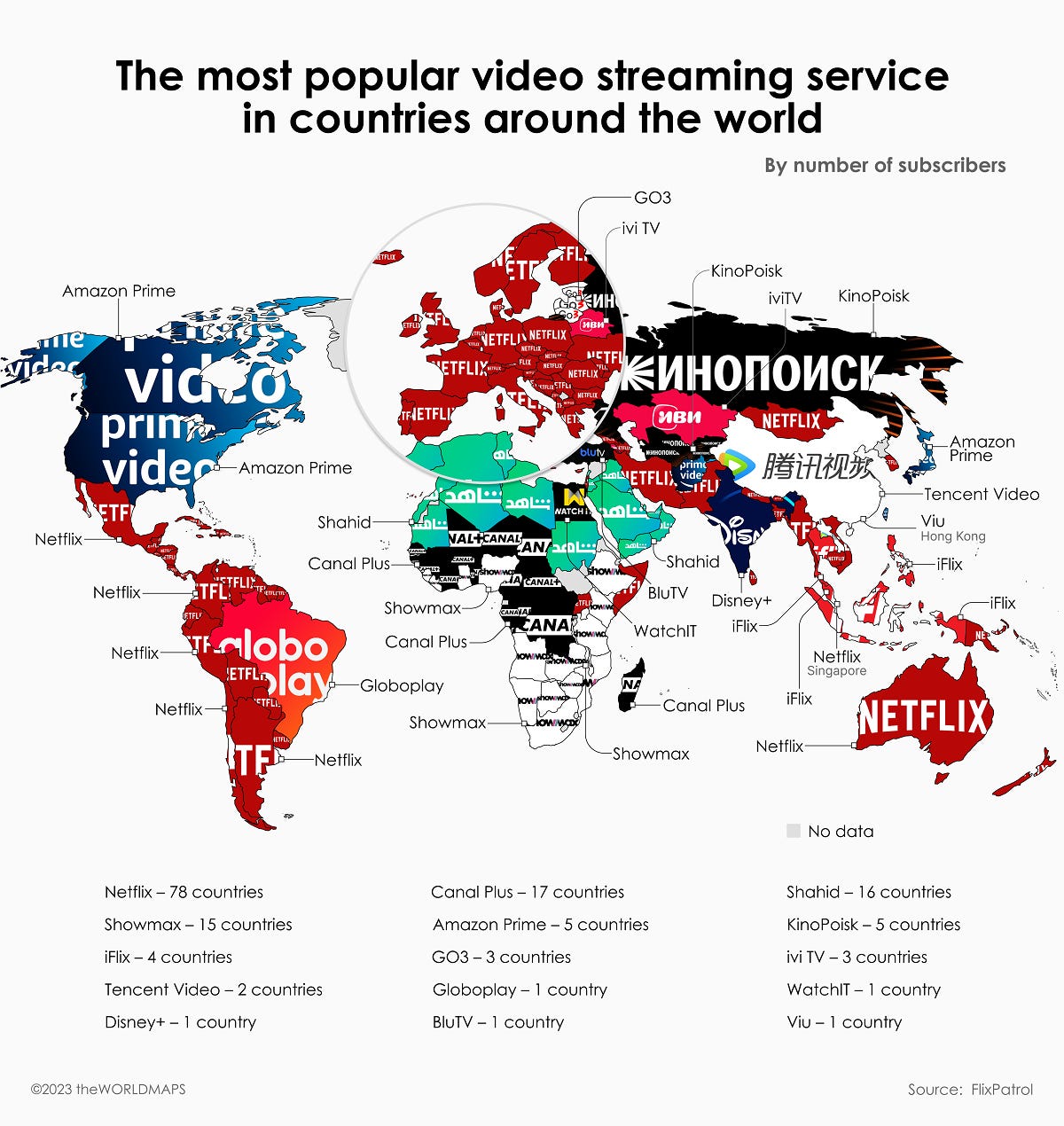 The graphic highlights the streaming services with the highest subscribers in every nation.