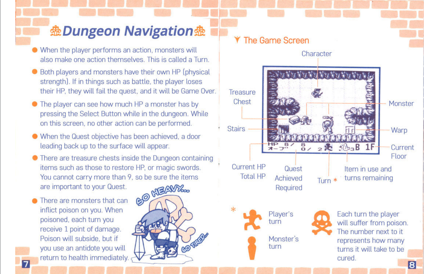 A screenshot of pages 7 and 8 from Cave Noire’s manual, explaining “Dungeon Navigation.” It discusses how turns and actions work, the purpose of HP, how to see a monster’s hit points, how to escape the dungeon once you’ve completed your mission, treasure and your inventory, as well as how poison works. The second page shows a screenshot from the game with a number of arrows pointing to what’s in the dungeon and in the HUD.
