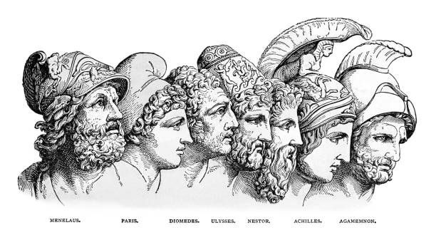 old engraved illustration of trojan war heroes: menelaus, paris, diomedes, odysseus, nestor, achilles, agamemnon - trojan war stock pictures, royalty-free photos & images
