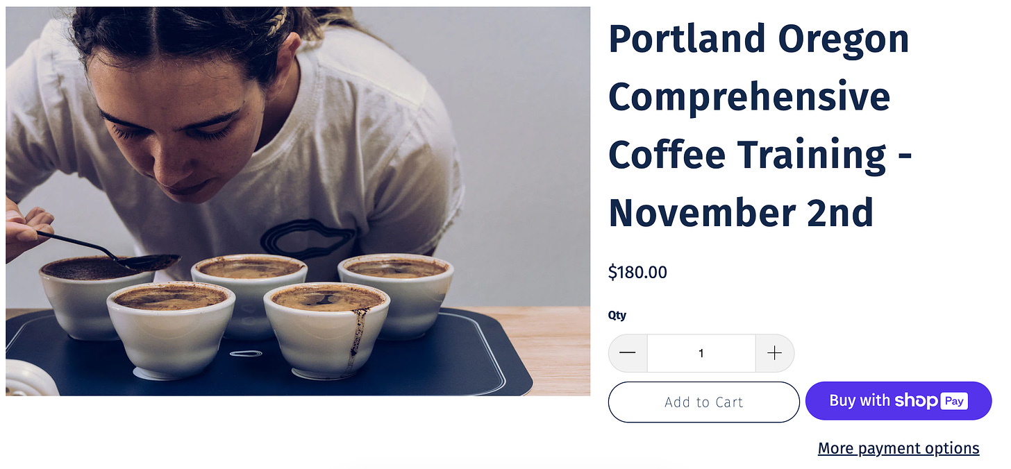 A flyer for a coffee education course. A woman leans over 5 bowls filled with coffee and dips a spoon into one to bring up a sample to taste.