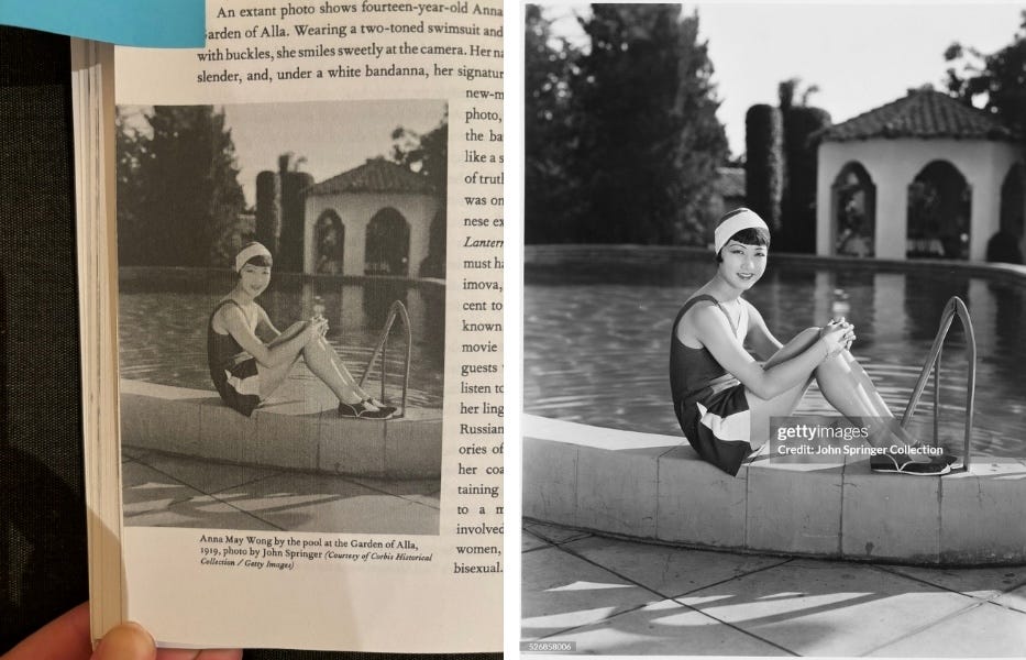 a photograph of Anna May Wong in a bathing suit and sitting next to a pool at the Garden of Allah