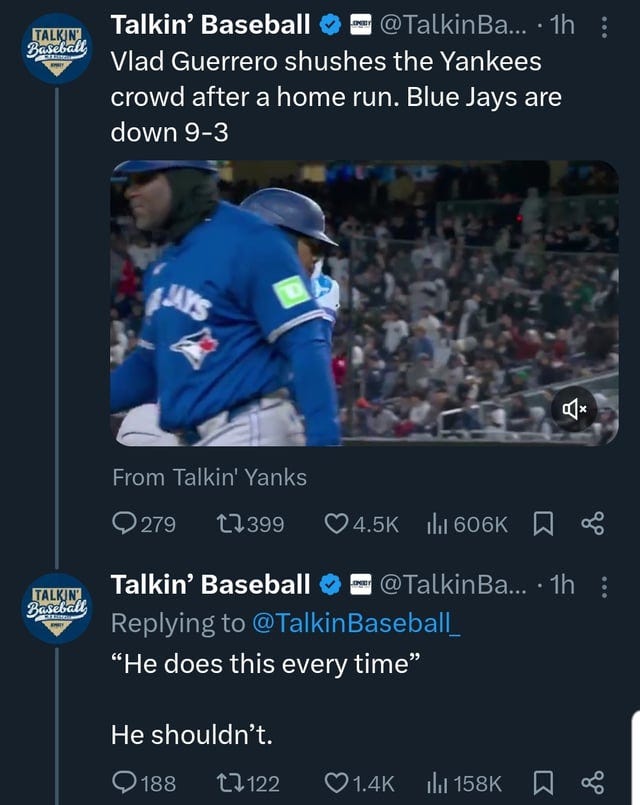 r/Torontobluejays - Talkin' Baseball and Jomboy acting weirdly pressed over Vladdy HR celebration.