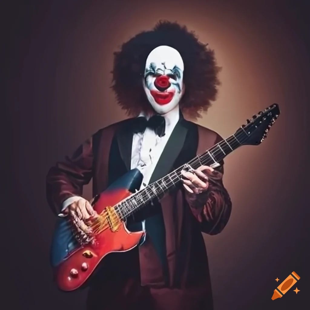 Funny clown as heavy metal star playing electric guitar wearing elegant  black tie on Craiyon