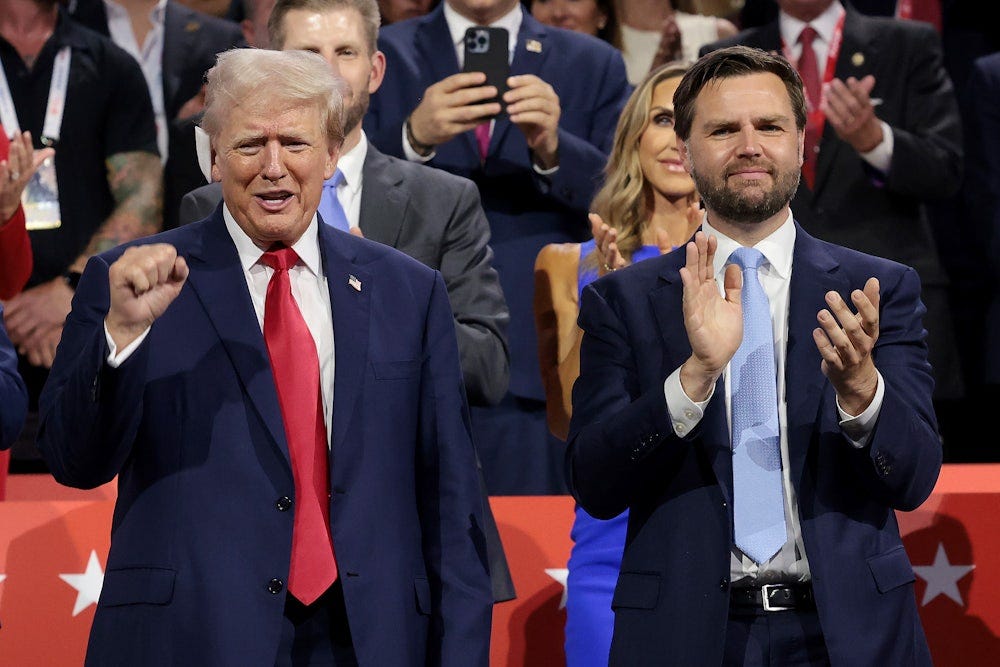 Donald Trump J.D. Vance appear on the first day of the Republican National Convention at the Fiserv Forum in Milwaukee, Wisconsin.