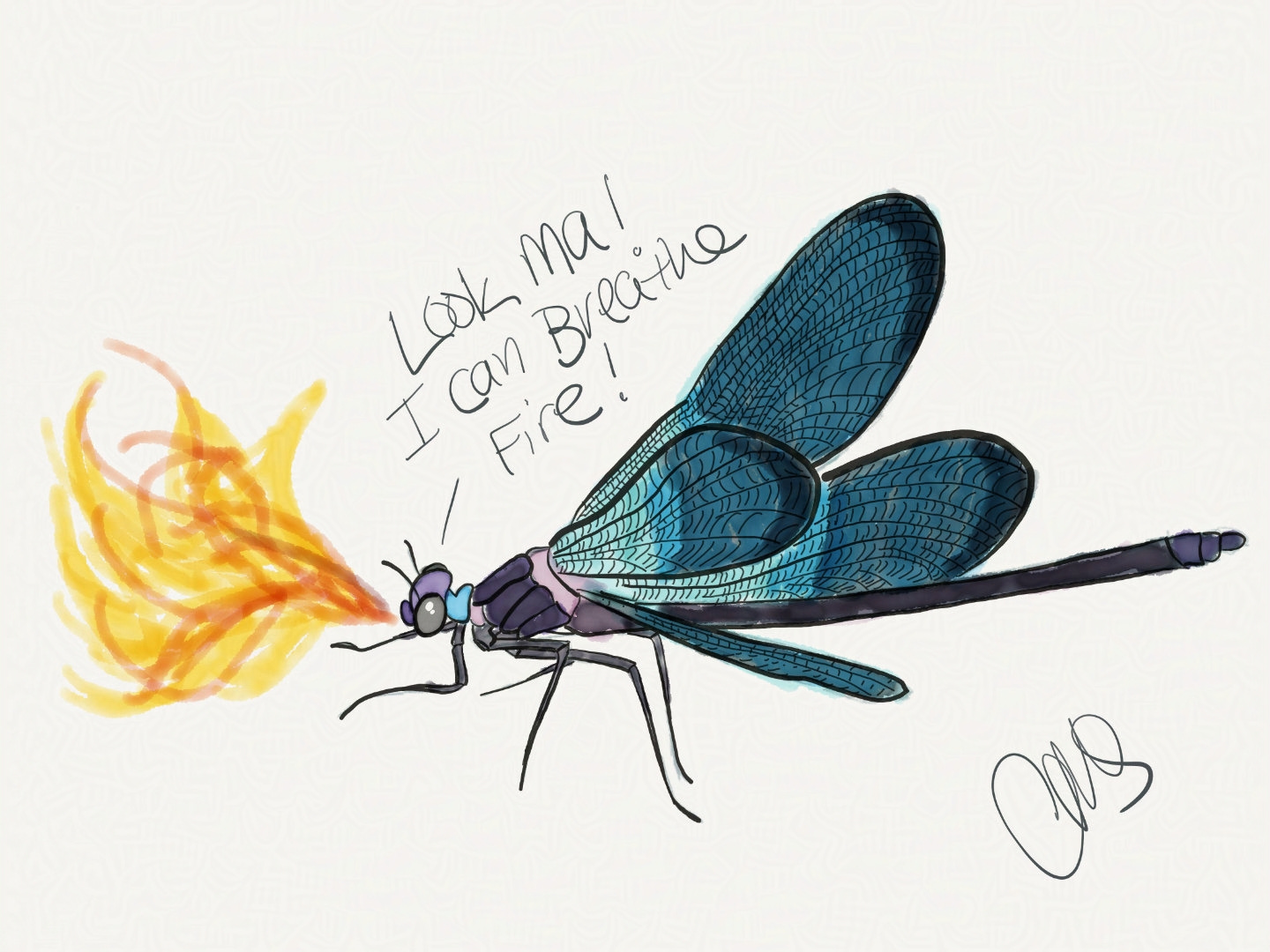 watercolor dragonfly breathing fire, text reads "Look ma! I can Breathe Fire!"