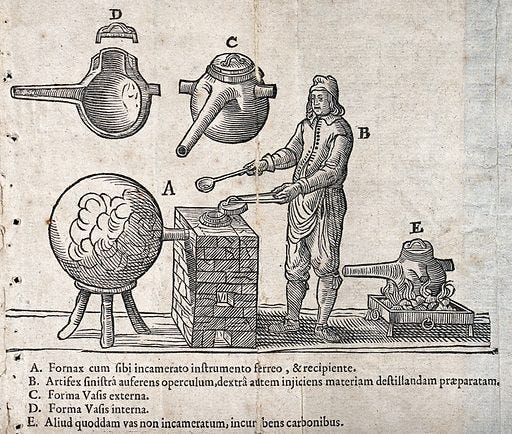 An alchemist at a furnace with a large 'receiver', with diagrams of alchemical apparatus. Woodcut, 1658. Created 1658. Alchemy. Furnaces. Fire. Alchemists. Science – Experiments. Contributors: Johann Rudolf Glauber (1604–1670). Work ID: tptafja9.