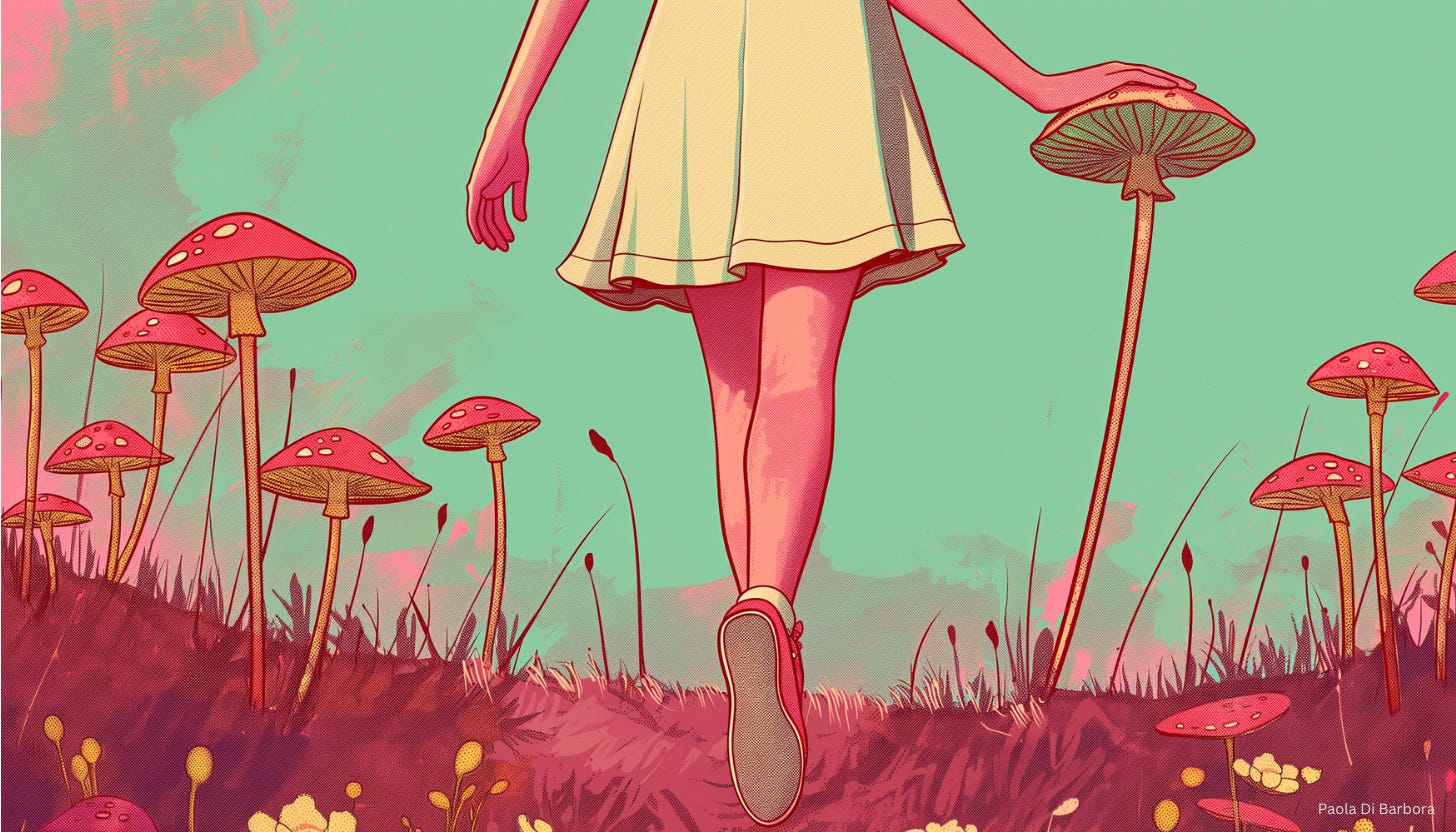 Young woman walking in a peaceful field of giant mushrooms.