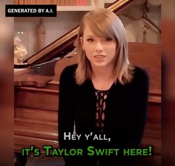 An A.I.-generated ad that shows Taylor Swift wearing a black top and sitting near a piano. The words overlaid on the ad read: “Hey y’all, it’s Taylor Swift here!”