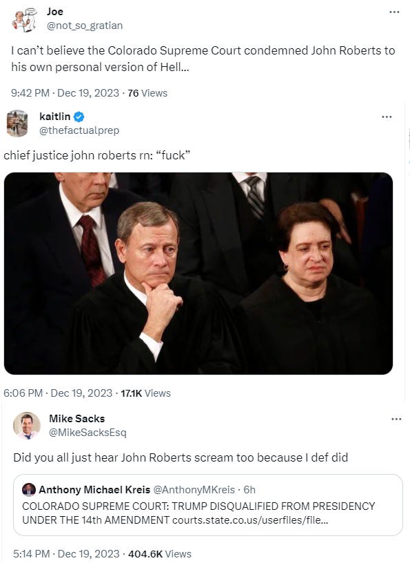 Screenshot of tweets about John Roberts not wanting this case. Apologies for lack of accessibility. Twitter and Substack should stop fighting so we can embed tweets again.
