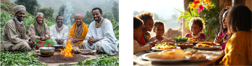 The image presents two heartwarming scenes: on the left, a group of people gathered around a small fire outdoors, smiling and engaged in a traditional activity, reflecting a sense of community and cultural heritage. On the right, a joyful family meal with children and adults sharing food at a table in a sunlit setting, emphasizing warmth, togetherness, and the joy of shared moments. Both scenes celebrate community bonds and the simple pleasures of gathering.