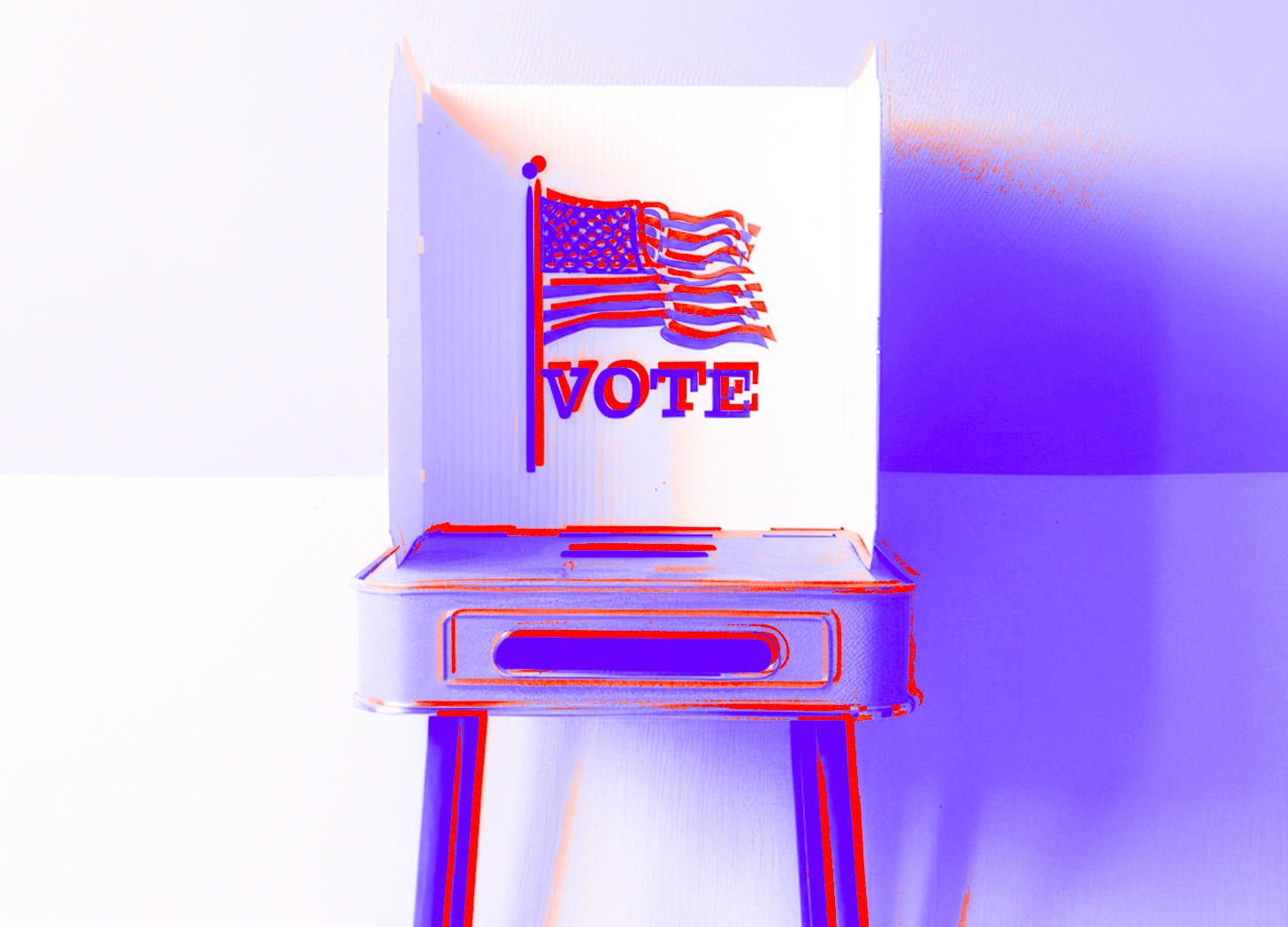 A voting booth in only blue and red, psychedelically offset and trippy-looking 