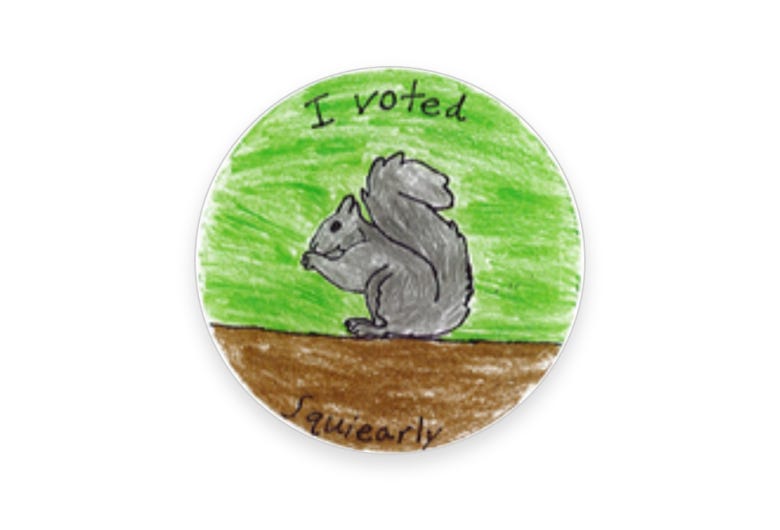 I Voted 'Squiearly' sticker with drawing of squirrel