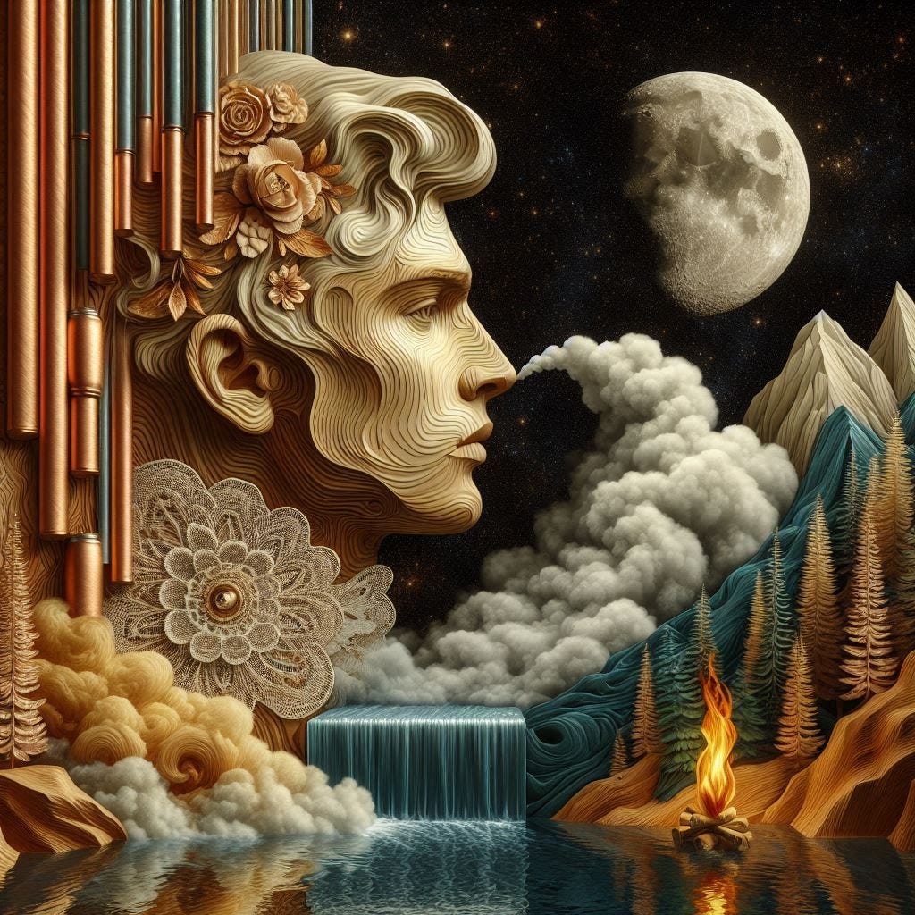  angle glass waterfall with with a small fire in it over image of  Birchwood/rosewood middle aged handsome man looking at the lips a woman in lace high collar in water in resin/ soft, beautiful/honey-wood and copper/ Marquetry, verdigris. mountain / fluffy cloud floating low in foreground / honey-gold-swirl/surrounded by copper pipes .REFLECTED/ Inspired by style of Jeffrey Catherine Jones /backdrop of swirling clouds under moon.black starry sky / love/ bliss