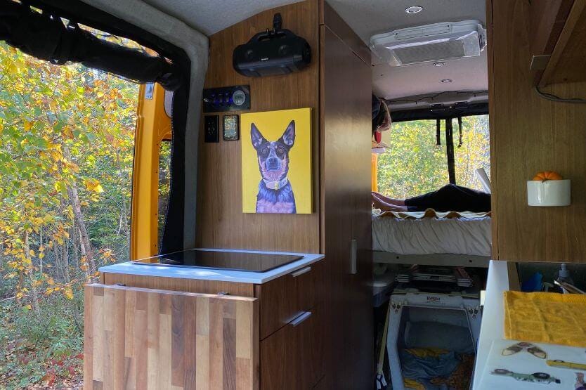 The interior of our converted camper van with a hand painted portrait of our Australian cattle dog on prominent display above the stove