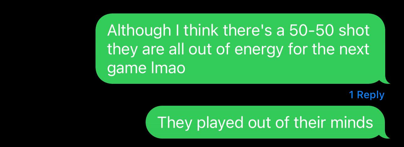 Screenshot of a text I sent to my friends updating them on the Pitt UNC result and speculating that they may be low on energy