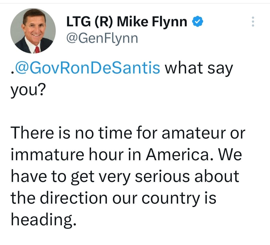 May be a Twitter screenshot of 1 person and text that says 'LTG (R) Mike Flynn @GenFlynn @GovRonDeSantis what say you? There is no time for amateur or immature hour in America. We have to get very serious about the direction our country is heading.'