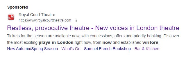 A screenshot of a Google search ad for the Royal Court Theatre, with the headline 'Restless, provactive theatre'