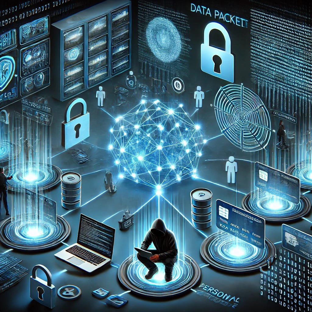 A digital illustration depicting cybersecurity filtration of personal and sensitive data. In the center, a network of glowing blue lines represents data flow, with filters and firewalls symbolically shown as layers of shields and locks. Some data packets, depicted as small icons or binary code, are blocked by these security layers while others pass through. Around the network, there are representations of personal and sensitive data, like ID cards, credit cards, and personal documents, all secured by padlocks and encrypted chains. In the background, a hacker dressed in dark clothing and a hoodie is attempting to breach the security, using a laptop with code displayed on the screen. The background is a dark blue to black gradient, symbolizing the digital environment.