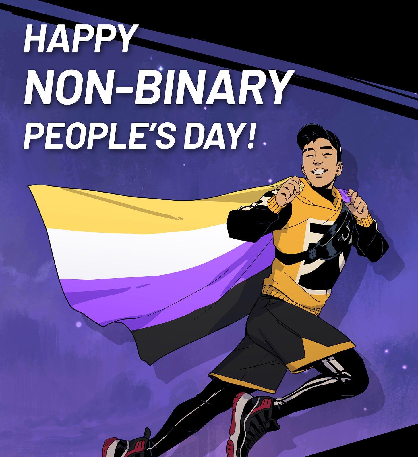 Hermes mid-leap with a huge grin, draped in a non-binary pride flag, with the text "Happy Non-Binary People's Day!"