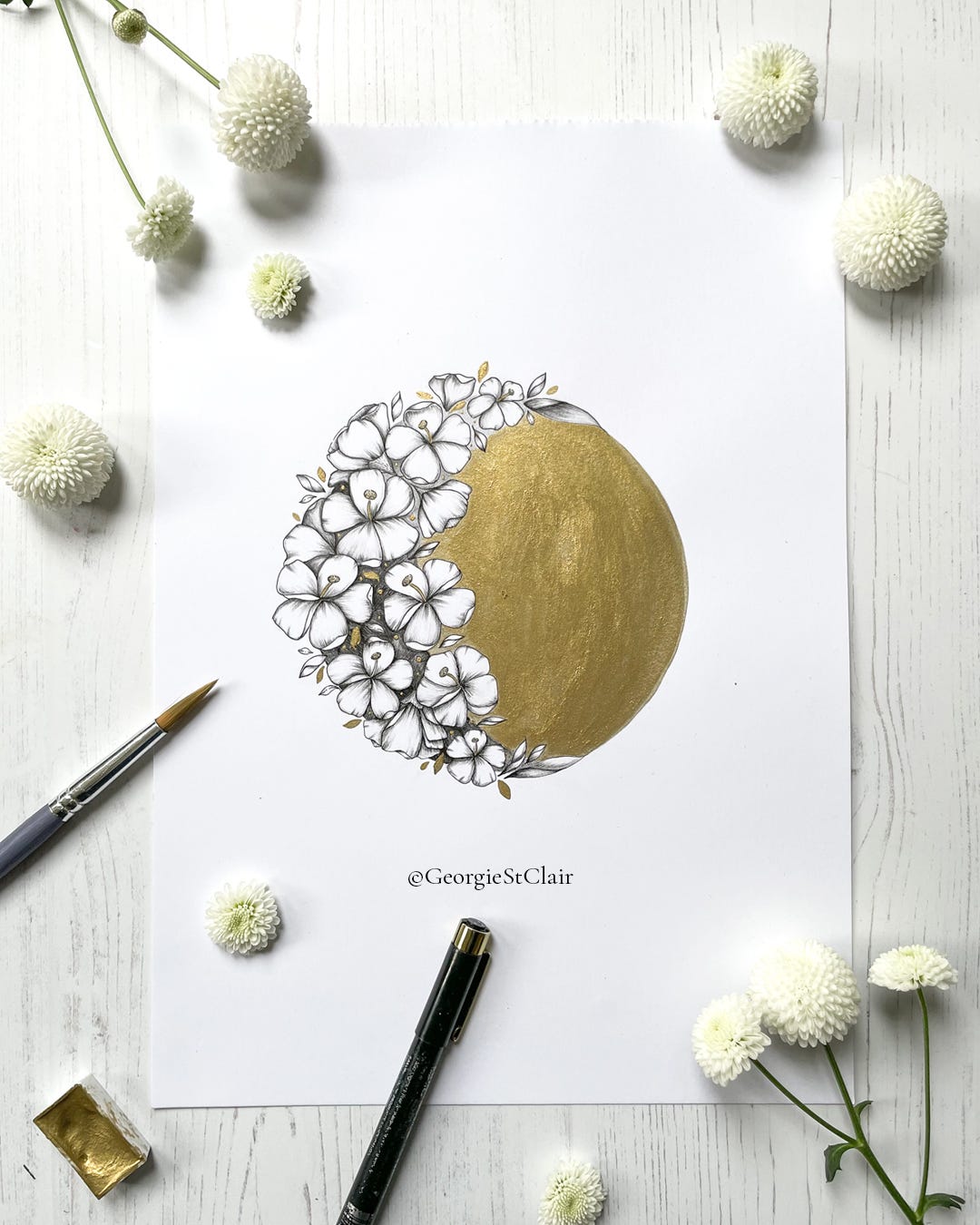 Botanical pen ank ink drawing of Spring blossom with gold watercolour metallic paint