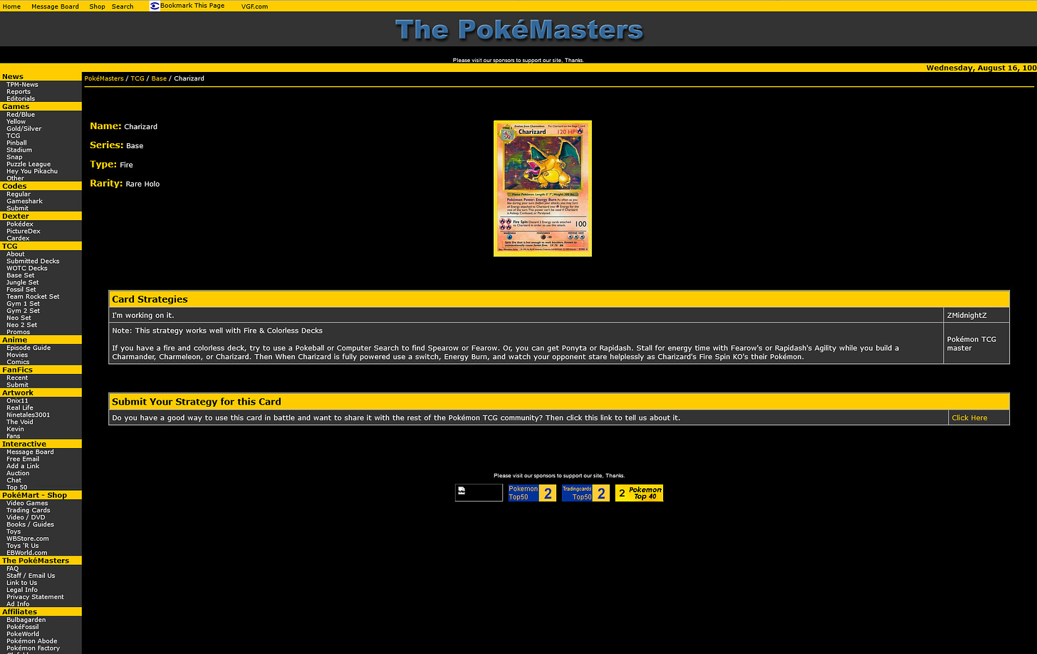 The Cardex was just one of several features that The PokéMasters included on its website (from August 2000)