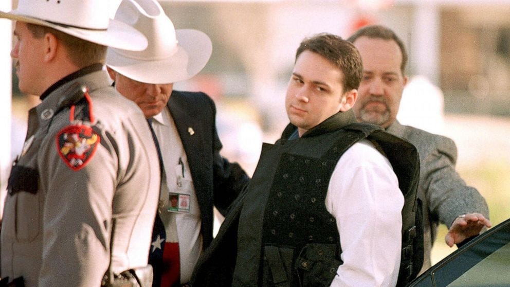PHOTO: In this file photo taken on Feb. 24, 1999 John William King is escorted into the Jasper County Courthouse for the penalty phase of his capital murder trial in Jasper, Texas.