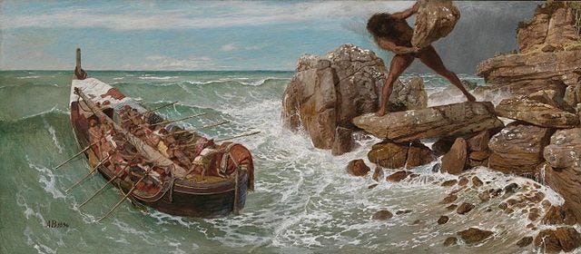 An 1896 oil painting of the outraged Cyclops, Polyphemus, hurling a boulder at Odysseus's ship