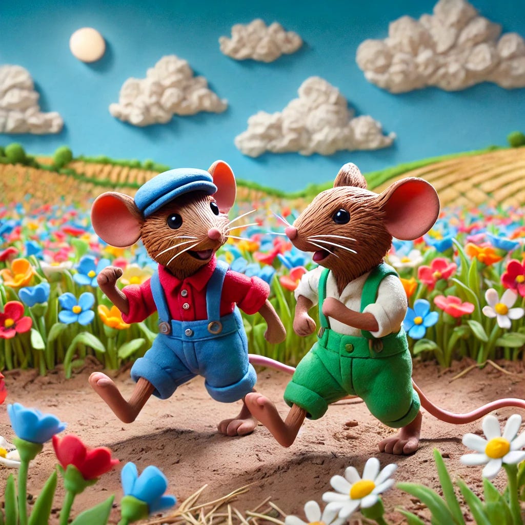 Two field mice dressed like little boys, prancing together through an open field of flowers. The scene is in a claymation style, with vibrant colors and detailed textures. The mice are wearing little outfits, one in blue overalls and a red shirt, the other in green pants and a yellow shirt. The field is full of colorful flowers, with a bright blue sky and fluffy white clouds in the background.