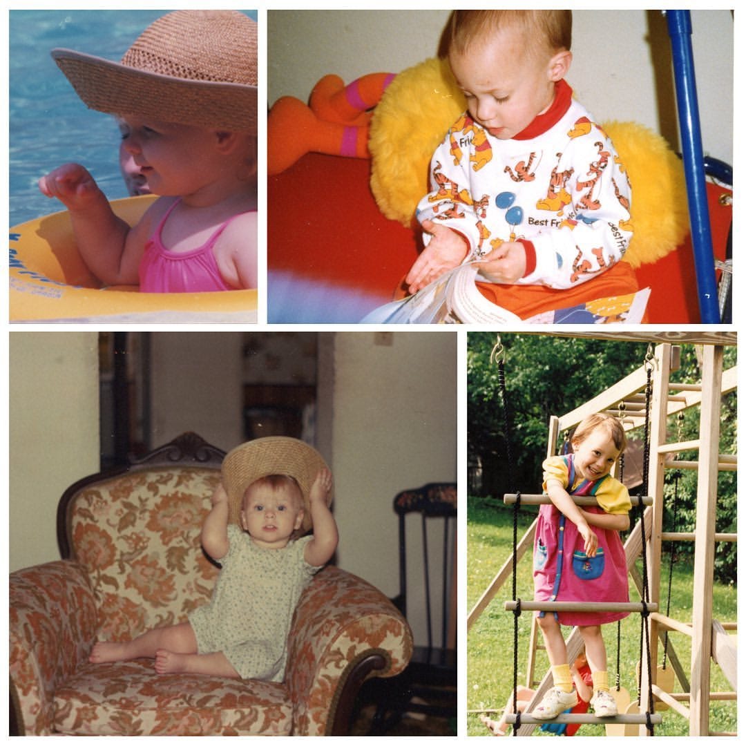 Toddler Sarah in pool with big sun hat. Gracie with Tigger pjs and a Big Bird plushie. Sarah in a vintage chair with the same hat. Toddler Gracie climbing on a wooden playground.