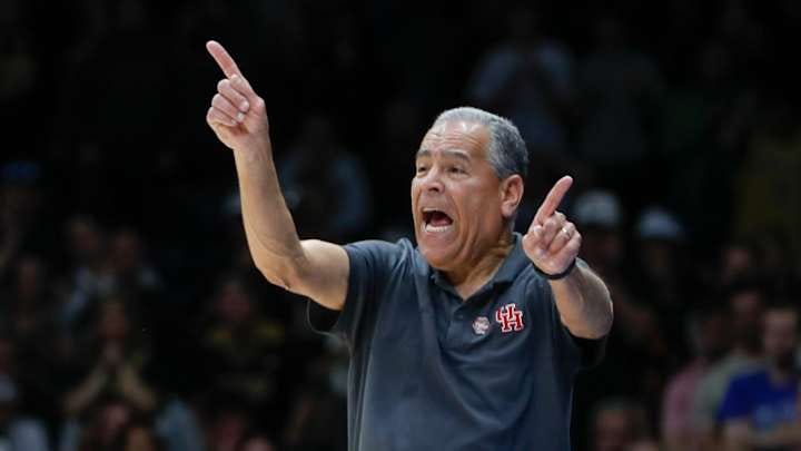 Houston Cougars head coach Kelvin Sampson yells down court Saturday, March 29, 2025, during the NCAA Tournament Sweet 16 game against the Purdue Boilermakers at Lucas Oil Stadium in Indianapolis. Houston Cougars won 62-60.