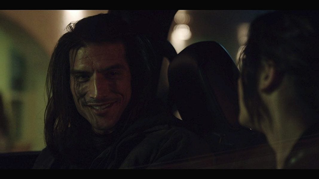 Walker sexy Jackal killer smiling at Luna in car 4.04.