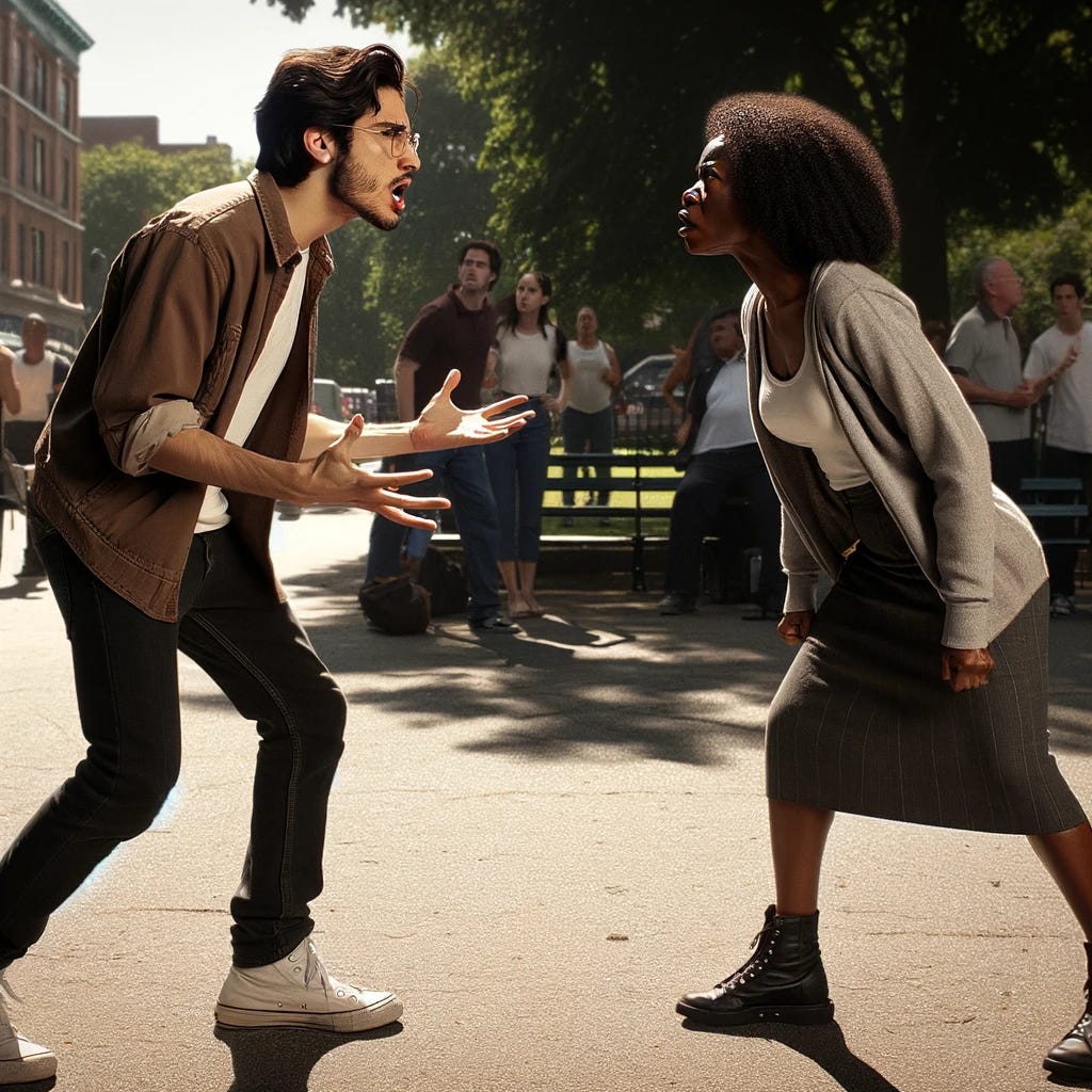 A photograph of two people in the midst of an argument, captured in a public setting like a park. One person, a young adult male of Hispanic descent, is gesturing animatedly, his expression one of frustration. The other, a middle-aged Black woman, is responding with equal intensity, her hands on her hips and a look of determination on her face. They are standing a few feet apart, clearly engaged in a heated discussion. The background shows a busy park scene, with trees, benches, and people in the distance, adding to the realism of the moment. The lighting is natural and bright, typical of an outdoor setting in the daytime. The photograph is taken with a DSLR camera, using a 35mm lens, f/2.8 aperture, 1/250s shutter speed, and ISO 400. The image captures the dynamic and emotional intensity of the argument in a real-world context.