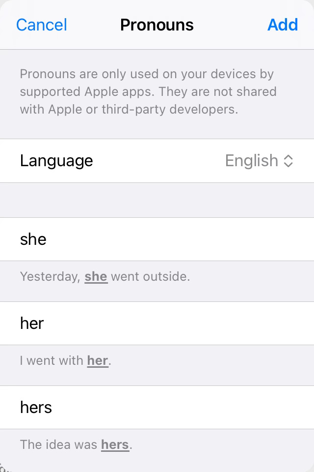Screenshot of the personalized pronouns window within the Contacts app running on Light Mode in iPadOS 17.4.