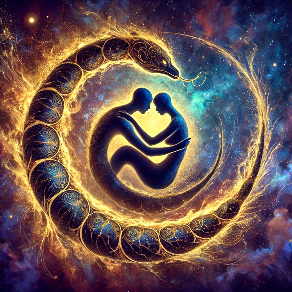 A surreal and artistic depiction of two silhouetted figures intertwined in an intimate embrace, forming the shape of an ouroboros. Their bodies curve fluidly into a circular composition, symbolizing the eternal cycle of love and connection. The figures are abstract yet sensual, blending seamlessly into the glowing golden serpent that encircles them.

The serpent’s body is detailed with intricate patterns reminiscent of sacred geometry, pulsating with ancient mystical energy. Its head gently bites its own tail, reinforcing the infinite loop of creation and destruction.

The background is a dreamlike fusion of deep blues, purples, and golds, resembling a cosmic void illuminated by ethereal light. Wisps of energy swirl around the figures, enhancing the sense of transcendence and divine intimacy.

The image conveys sensuality, unity, and cosmic resonance within the timeless embrace of the ouroboros.