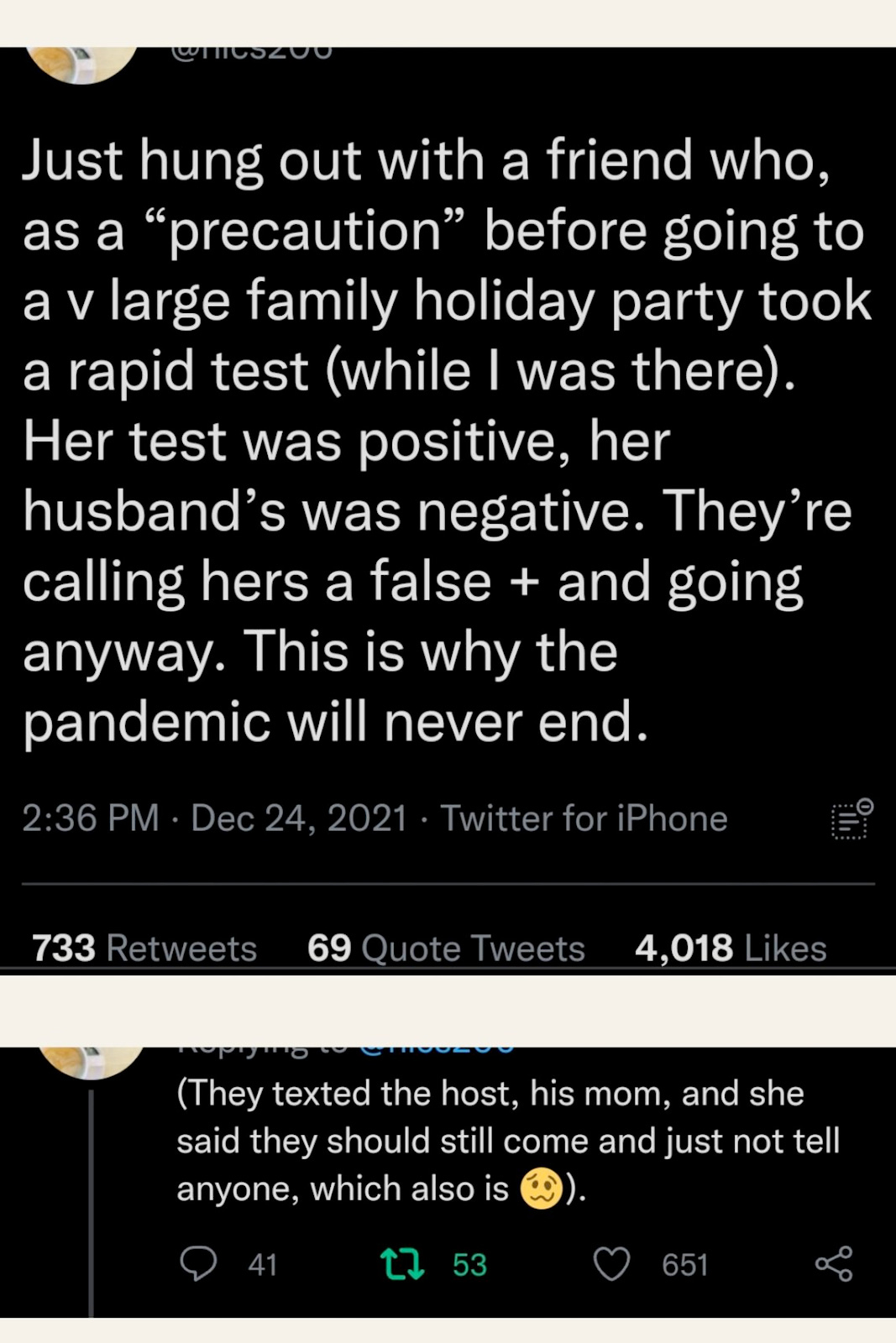 Just hung out with a friend who, as a "precaution" before going to a v large family holiday party took a rapid test (while I was there). Her test was positive, her husband's was negative. They're calling hers a false + and going anyway. This is why the pandemic will never end. 2:36 PM Dec 24, 2021 Twitter for iPhone 733 Retweets 69 Quote Tweets 4,018 Likes (They texted the host, his mom, and she said they should still come and just not tell anyone, which also is).