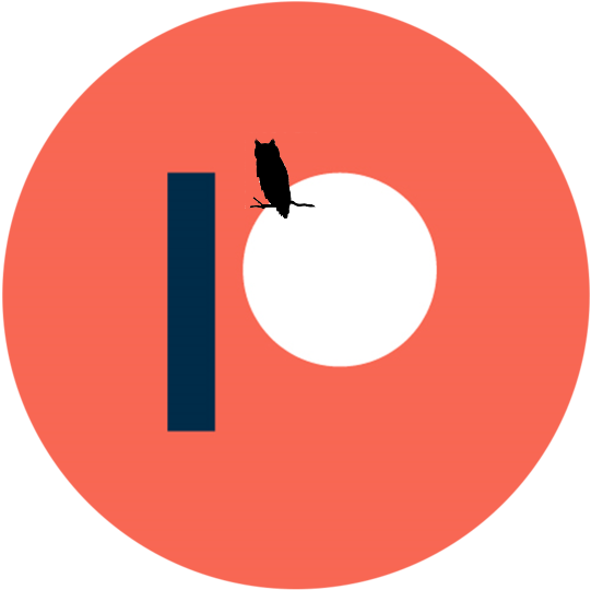 Orange Patreon logo with a wee owl perched on a branch on top of it