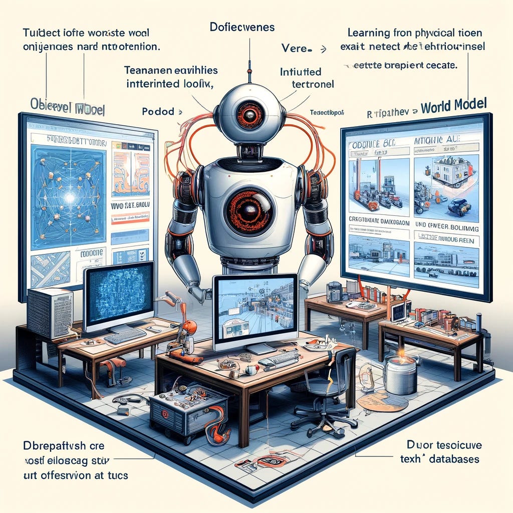 A conceptual illustration depicting Yann LeCun's vision of 'objective-driven AI'. The scene shows a robot in a laboratory setting, interacting with the physical world through various sensors and video data. It is actively engaging with objects, gathering information, and analyzing it. This robot contrasts with a traditional LLM setup, represented by a computer with large text databases on screens. The background includes diagrams of a 'world model', showcasing how the robot predicts outcomes and plans tasks. This illustration highlights the difference between learning from tangible, physical interactions versus text-based data.