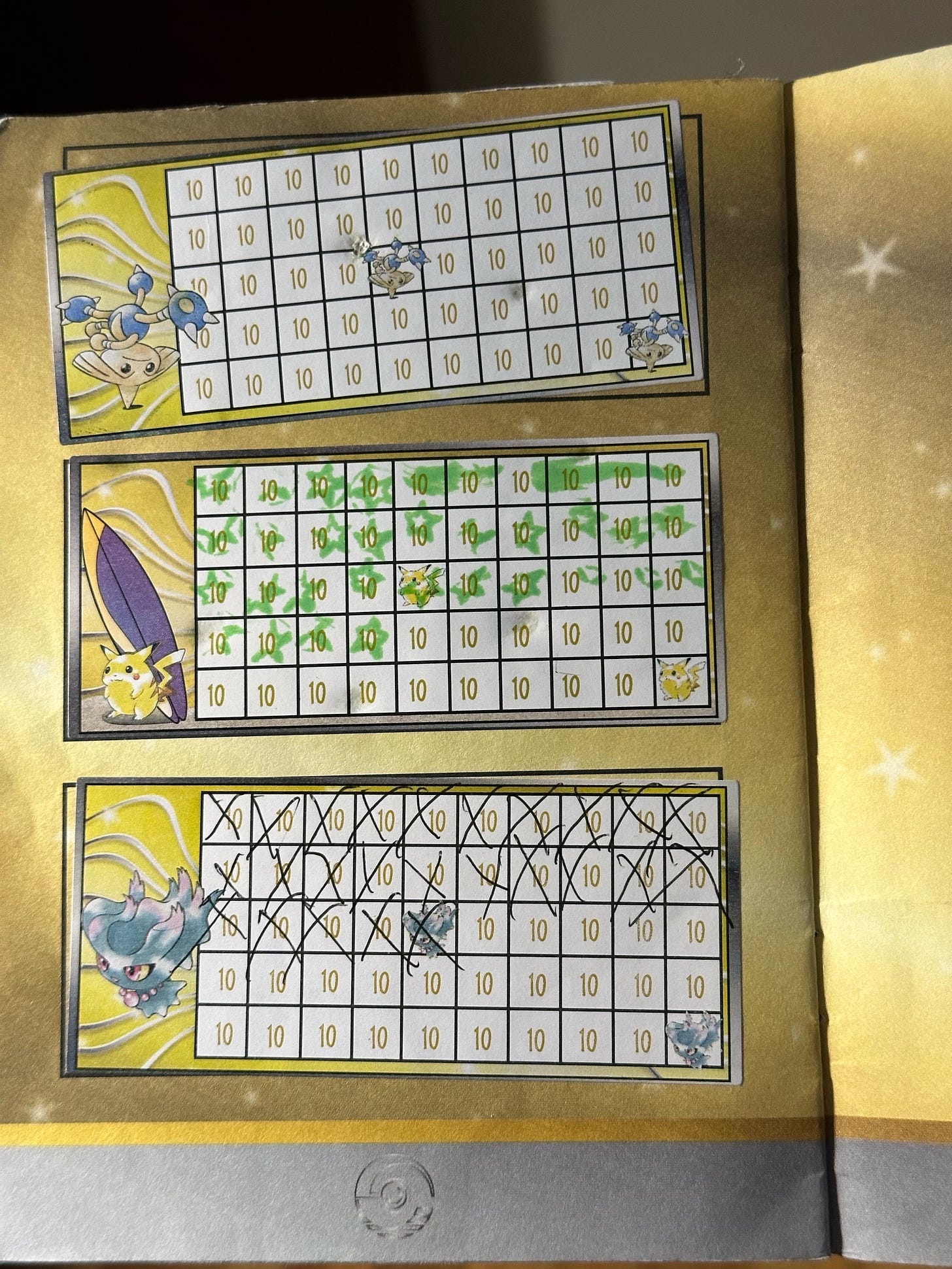 Inside Greg's badge book, showing progress towards obtaining promo cards Hitmontop, Surfing Pikachu, and Misdreavus