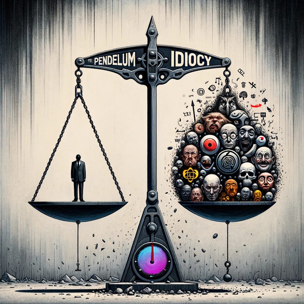 A conceptual art piece depicting the 'Pendulum of Idiocy'. On the left side of the pendulum, label it 'Idiocy' with illustrations of chaotic, irrational symbols and caricatures, representing a lack of reason or sense. On the right side, label it with 'Wisdom' and include symbols of intelligence, balance, and rationality. The pendulum swings towards the 'Idiocy' side, indicating a current societal trend towards irrationality. The background should be abstract, with a subtle nod to the chaotic events of recent years, including a small reference to the Harambe incident of 2016.