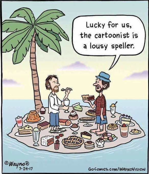 Cartoon of two castaways on an island eating all the desserts scattered around.