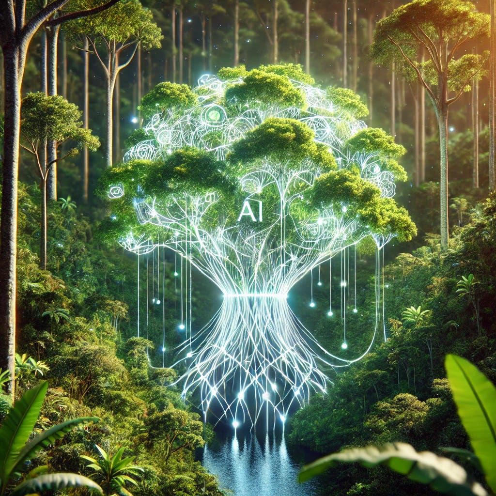 A large language model (LLM) depicted as an abstract glowing AI entity, seamlessly integrated with or surrounded by the lush Amazon rainforest. The structure of the LLM is composed of trees, foliage, and vines, symbolizing its connection to nature. The glowing, futuristic design contrasts beautifully with the vibrant greens and natural textures of the forest. The setting is serene and immersive, capturing both technological innovation and the richness of the Amazon rainforest.