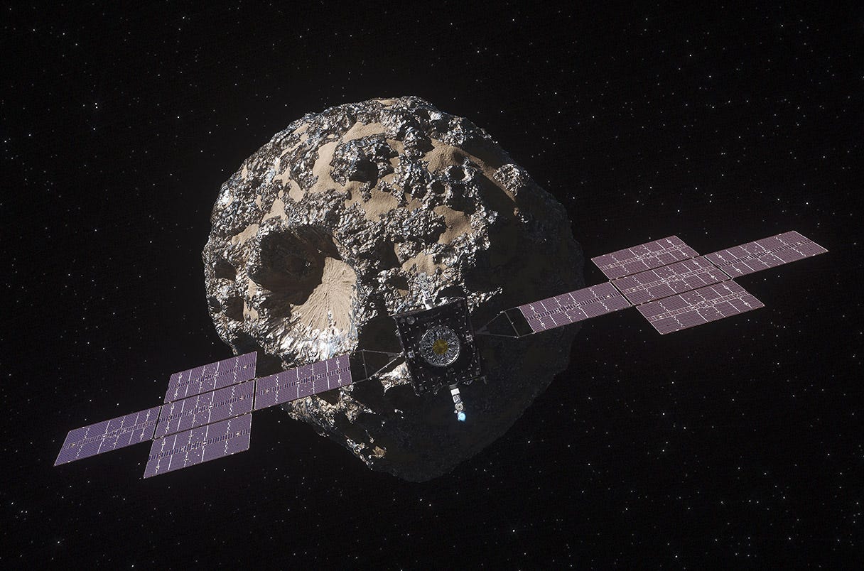 illustration depicts the Psyche spacecraft approaching the metal-rich Psyche asteroid