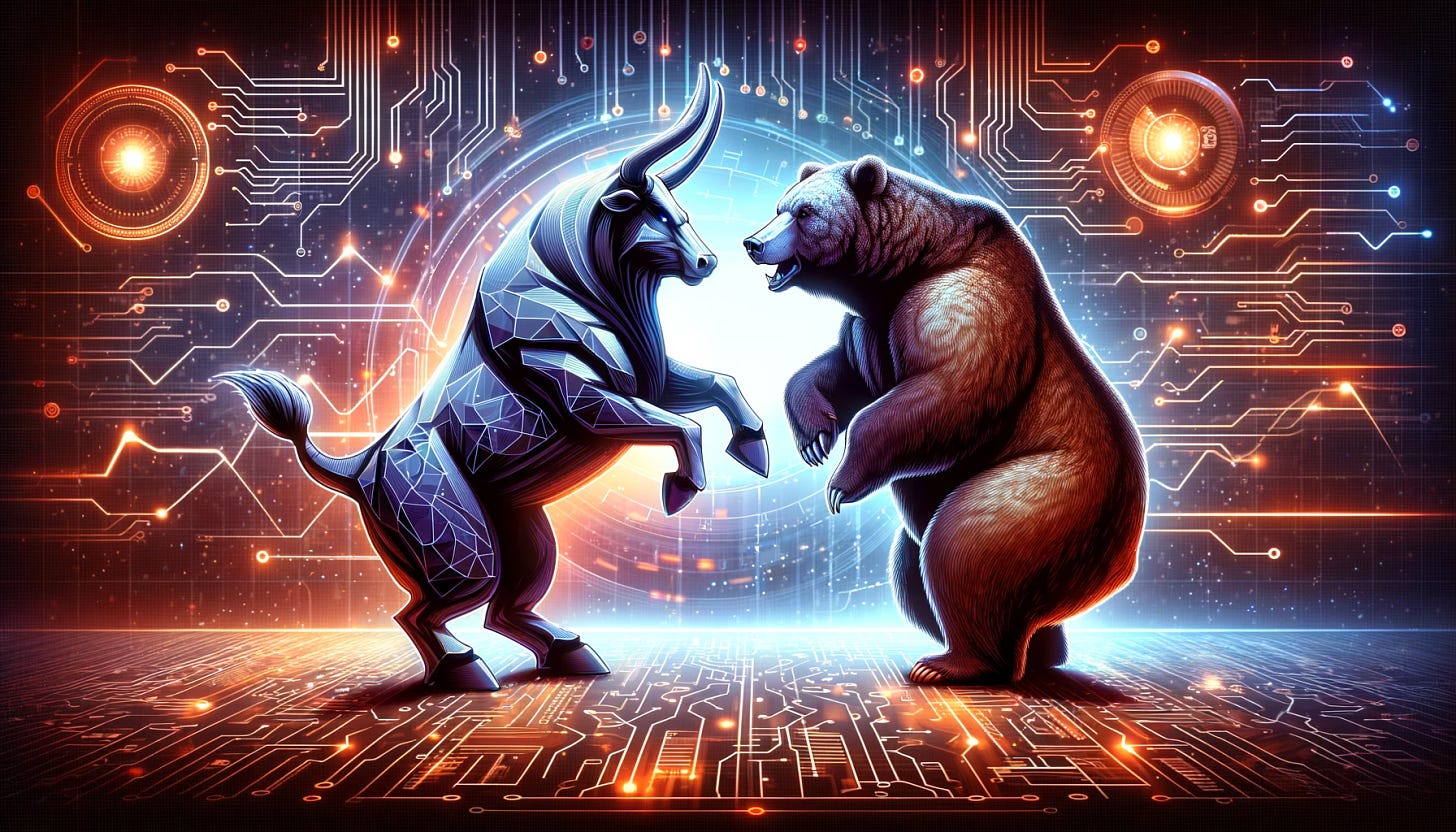 Illustration of a dynamic bull and a powerful bear engaged in a standoff, with their hind legs raised, set against a backdrop infused with a technology theme. This includes digital grids, circuit patterns, and glowing data streams, reflecting a high-tech financial market atmosphere.