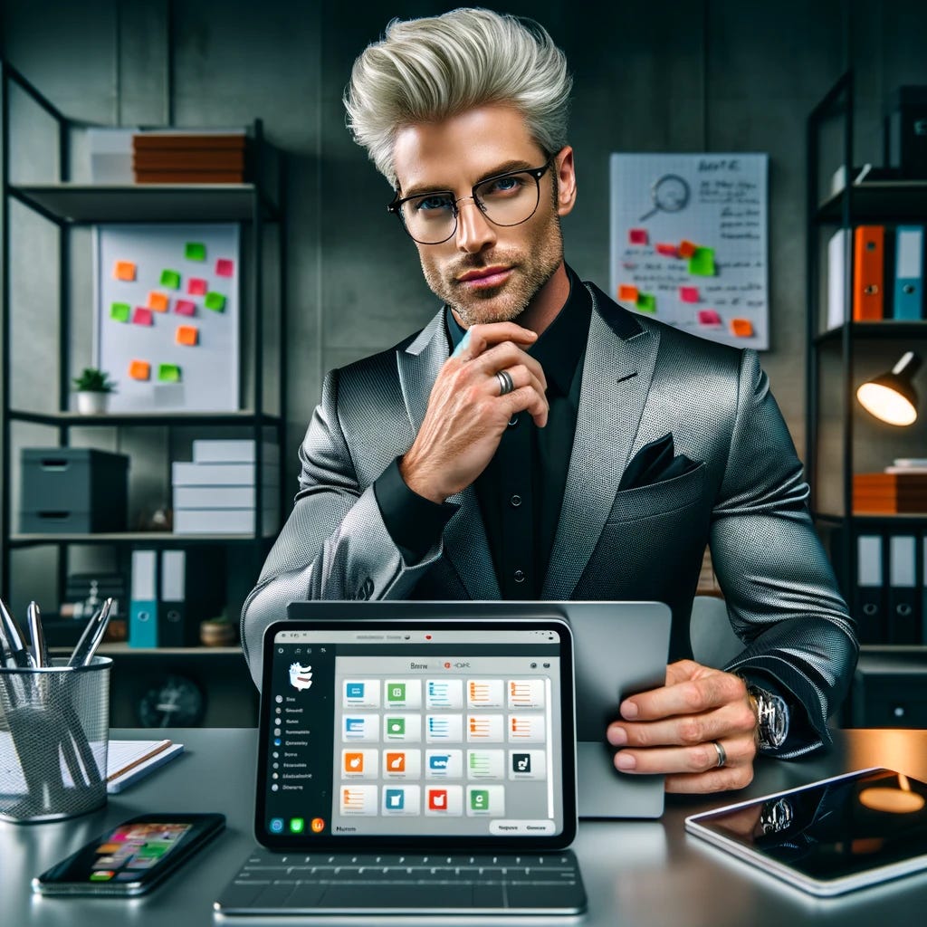 A very cool early 40s accountant with platinum blonde hair, wearing stylish glasses and a sharp, trendy business suit, sitting at a sleek desk with a laptop open to the Evernote application. The screen clearly shows the Evernote interface with various notes and folders. The accountant has a confident and focused expression, actively using the Evernote service to organize his notes. The desk is cluttered with modern gadgets like a tablet, smartphone, and designer stationery. The background includes modern, minimalist office decor with sleek filing cabinets, shelves with colorful binders, and a whiteboard with neatly written notes. The lighting is soft and adds a professional, sophisticated ambiance.