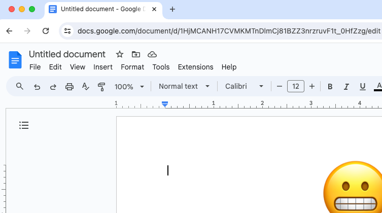 Screenshot showing a new, untitled Google document with nothing in it except a cursor on the upper left of a blank page